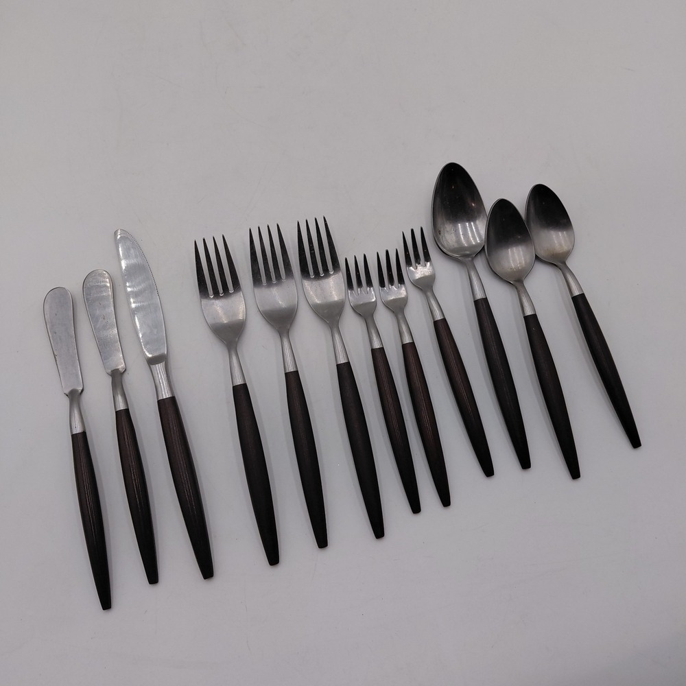 AMERICAN TEMPO 12 Mid Century Modern Stainless Flatware Faux Wood Japan MCM - Picture 1 of 10